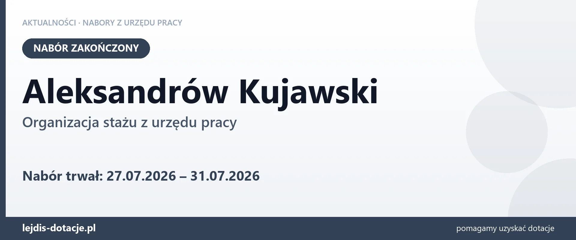 Aleksandrów Kujawski: nabór na organizację stażu zakończony (31 lipca 2026)