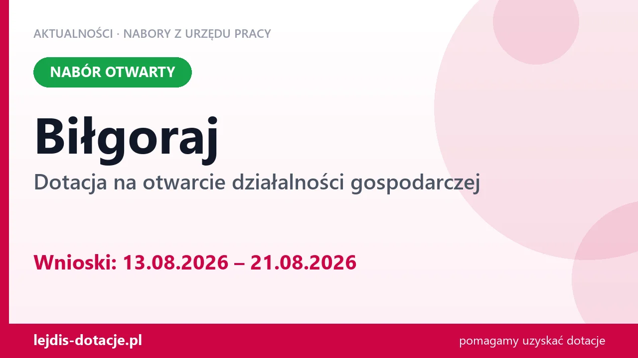 Biłgoraj: trwa nabór na dotację na otwarcie działalności gospodarczej (13 sierpnia 2026)