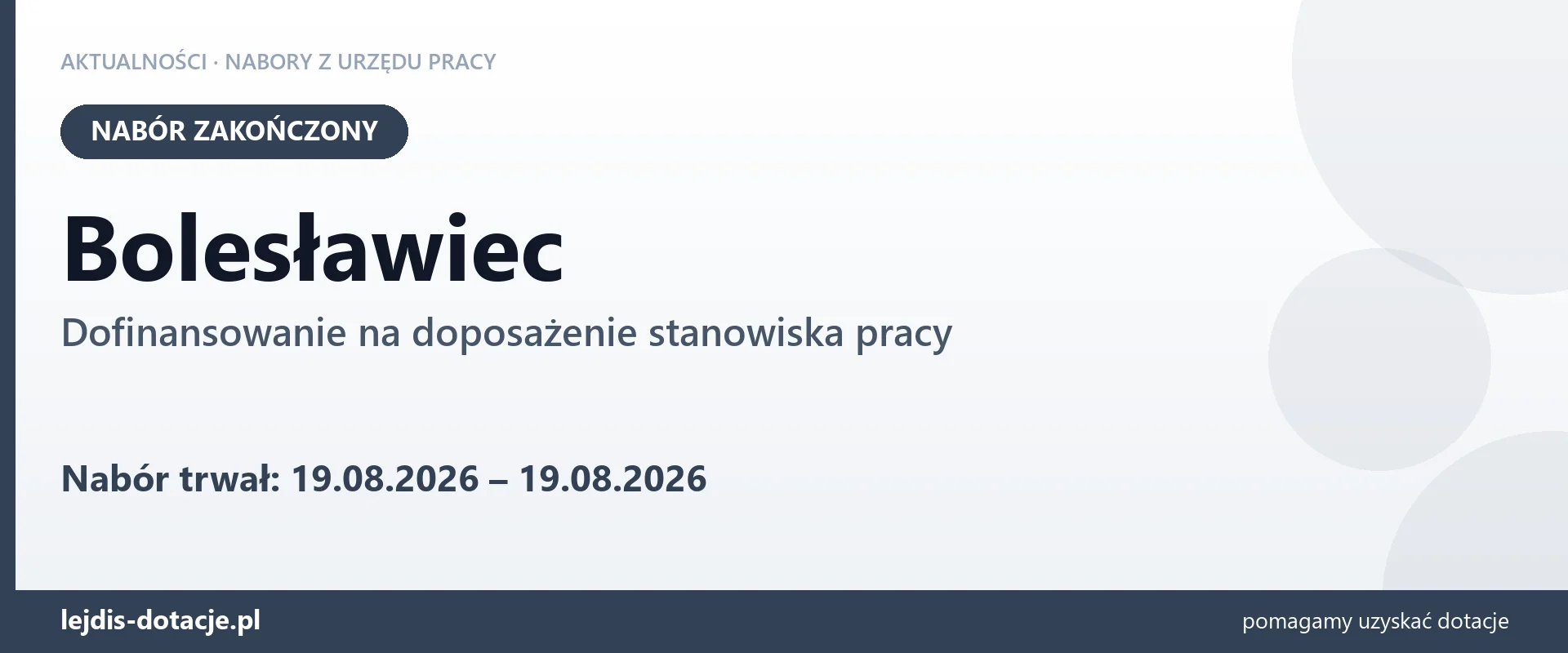 Bolesławiec: nabór na dofinansowanie na doposażenie stanowiska pracy zakończony (19 sierpnia 2026)