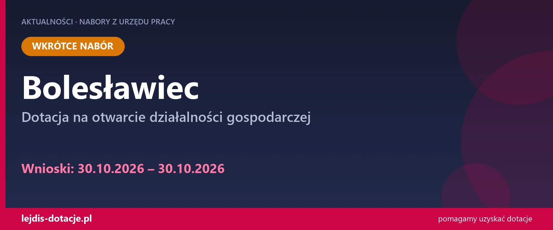 Bolesławiec: nabór na dotację na otwarcie działalności (30 października 2026)