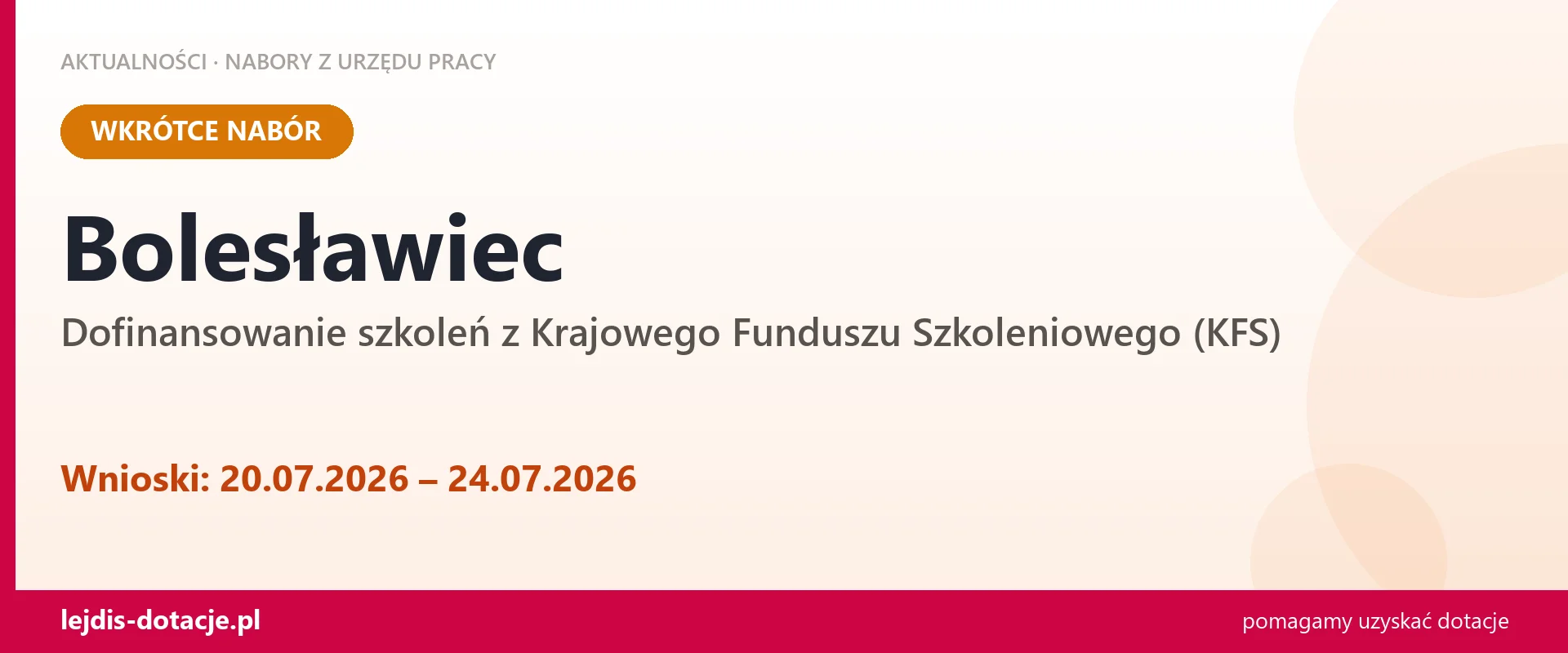 Bolesławiec: od 20.07.2026 rusza nabór na dofinansowanie szkoleń z KFS (20 lipca 2026)