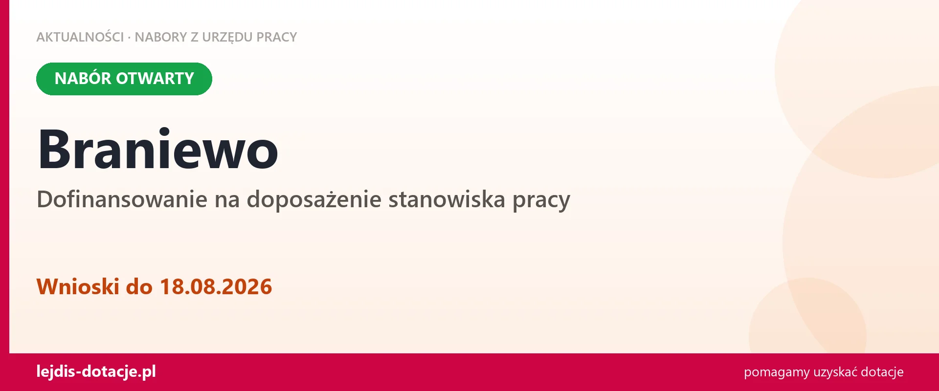 Braniewo: trwa nabór na dofinansowanie na doposażenie stanowiska pracy (18 sierpnia 2026)