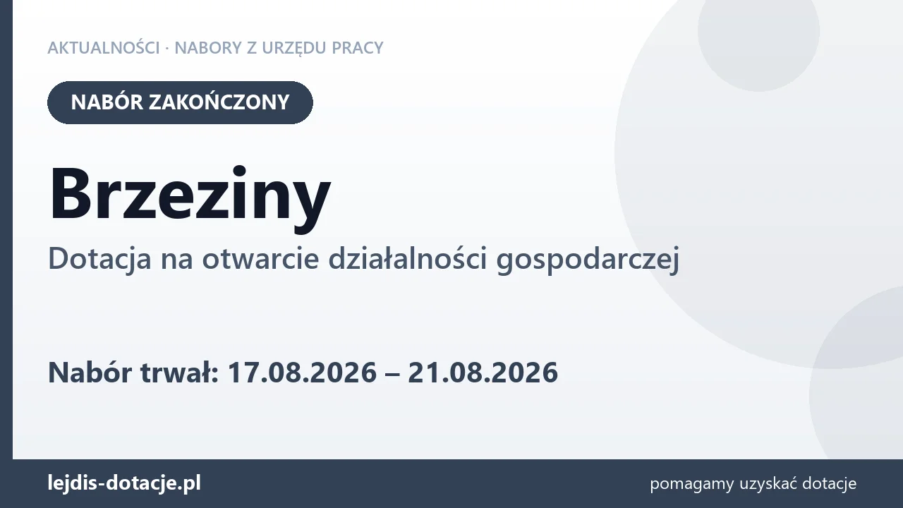 Brzeziny: nabór na dotację na otwarcie działalności gospodarczej zakończony (21 sierpnia 2026)