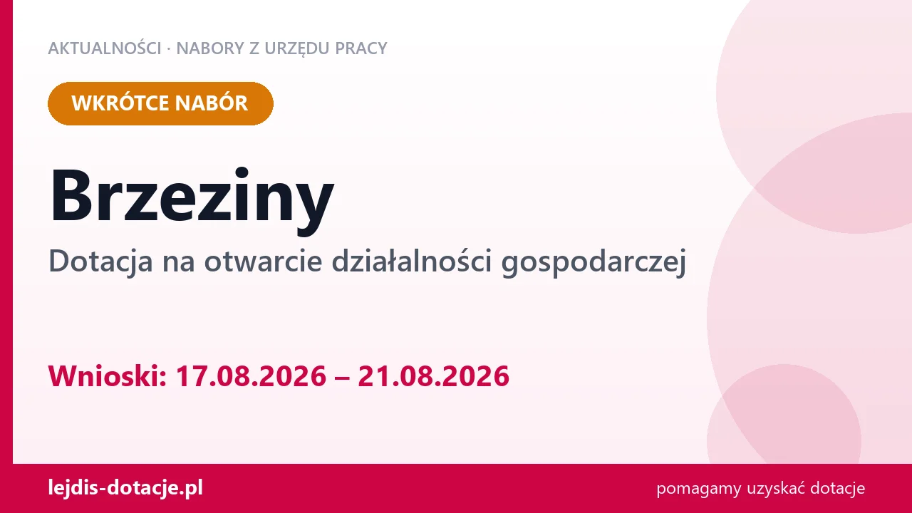 Brzeziny: od 17.08.2026 rusza nabór na dotację na otwarcie działalności gospodarczej (17 sierpnia 2026)