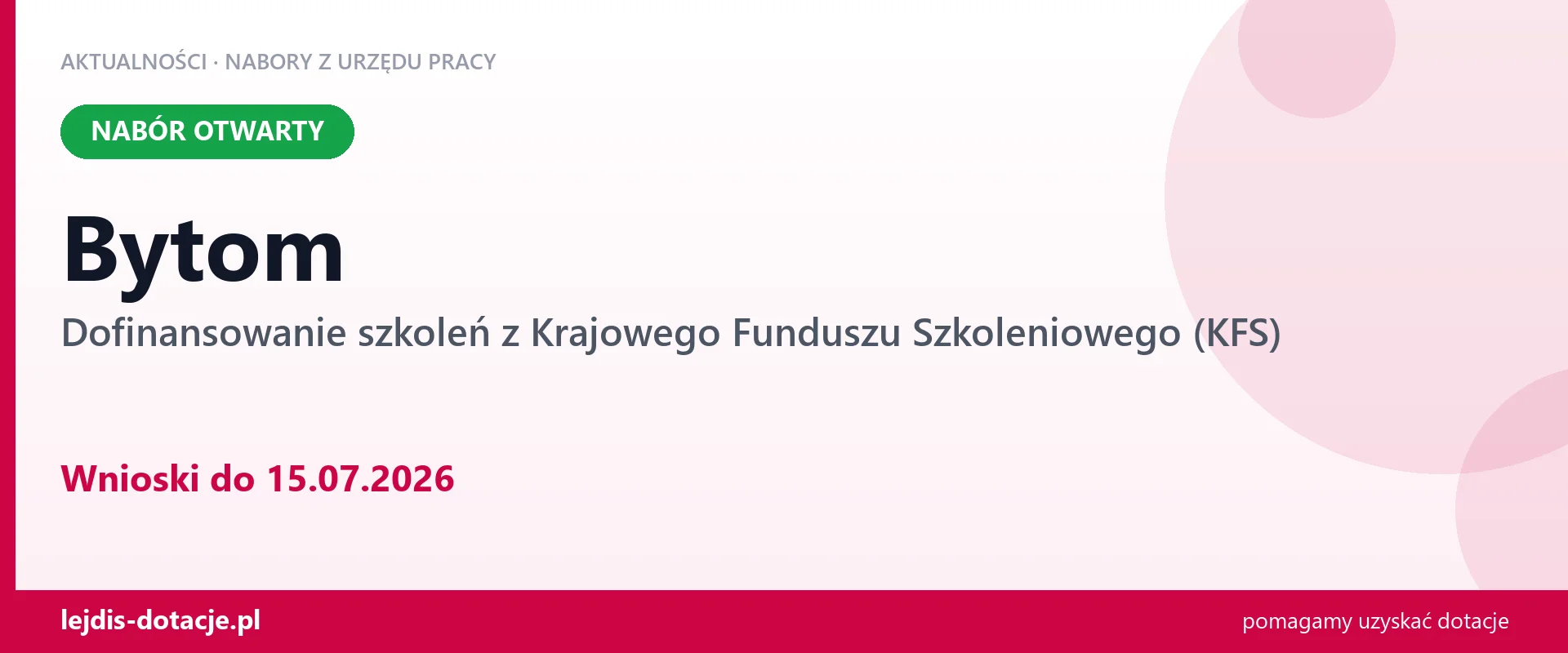 Bytom: trwa nabór na dofinansowanie szkoleń z KFS (15 lipca 2026)