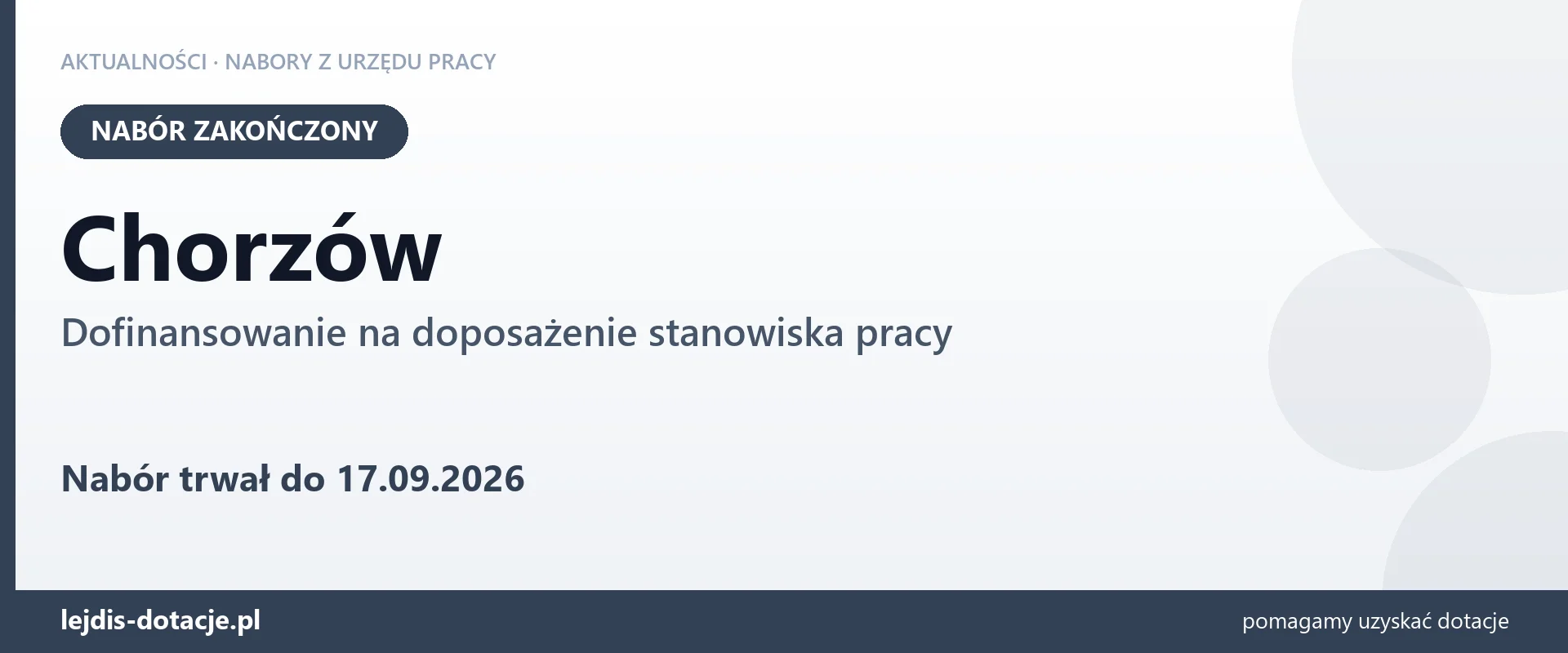 Chorzów: nabór na dofinansowanie na doposażenie stanowiska pracy zakończony (17 września 2026)