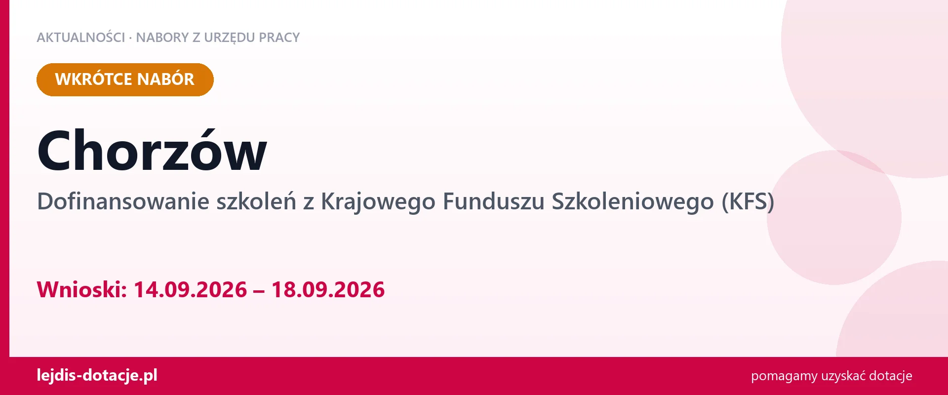 Chorzów: od 14.09.2026 rusza nabór na dofinansowanie szkoleń z KFS (14 września 2026)