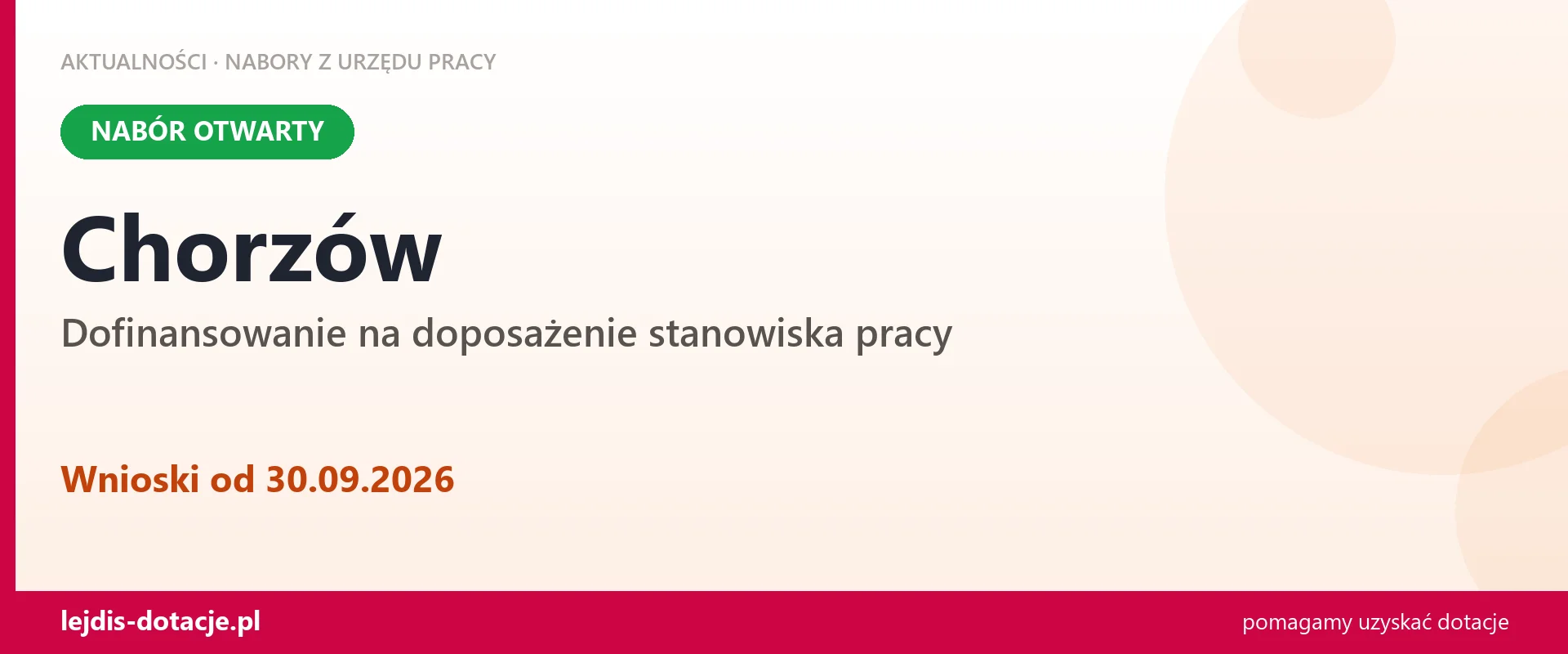 Chorzów: trwa nabór na dofinansowanie na doposażenie stanowiska pracy (30 września 2026)