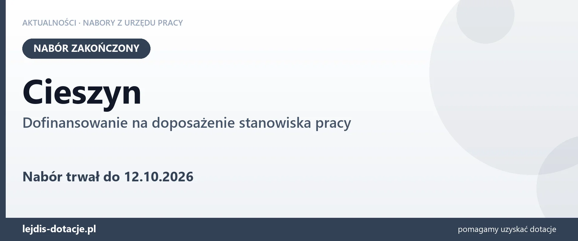 Cieszyn: nabór na dofinansowanie na doposażenie stanowiska pracy zakończony (12 października 2026)