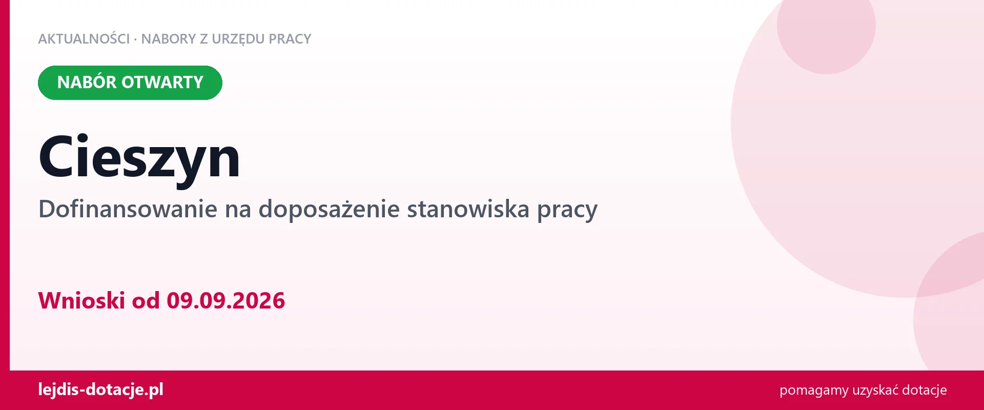 Cieszyn: trwa nabór na dofinansowanie na doposażenie stanowiska pracy (9 września 2026)