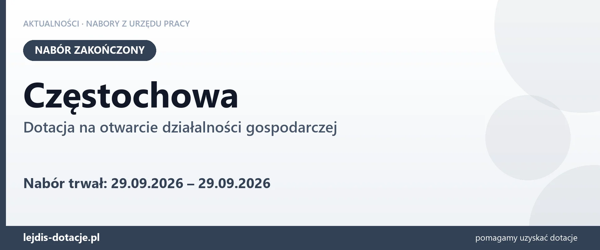Częstochowa: nabór na dotację na otwarcie działalności gospodarczej zakończony (29 września 2026)