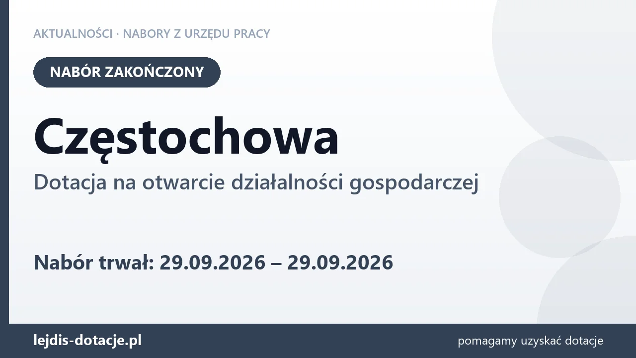 Częstochowa: nabór na dotację na otwarcie działalności gospodarczej zakończony (29 września 2026)