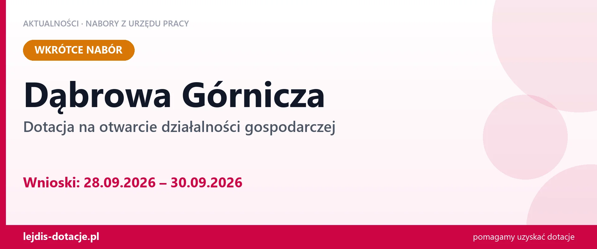 Dąbrowa Górnicza: od 28.09.2026 rusza nabór na dotację na otwarcie działalności gospodarcz (28 września 2026)