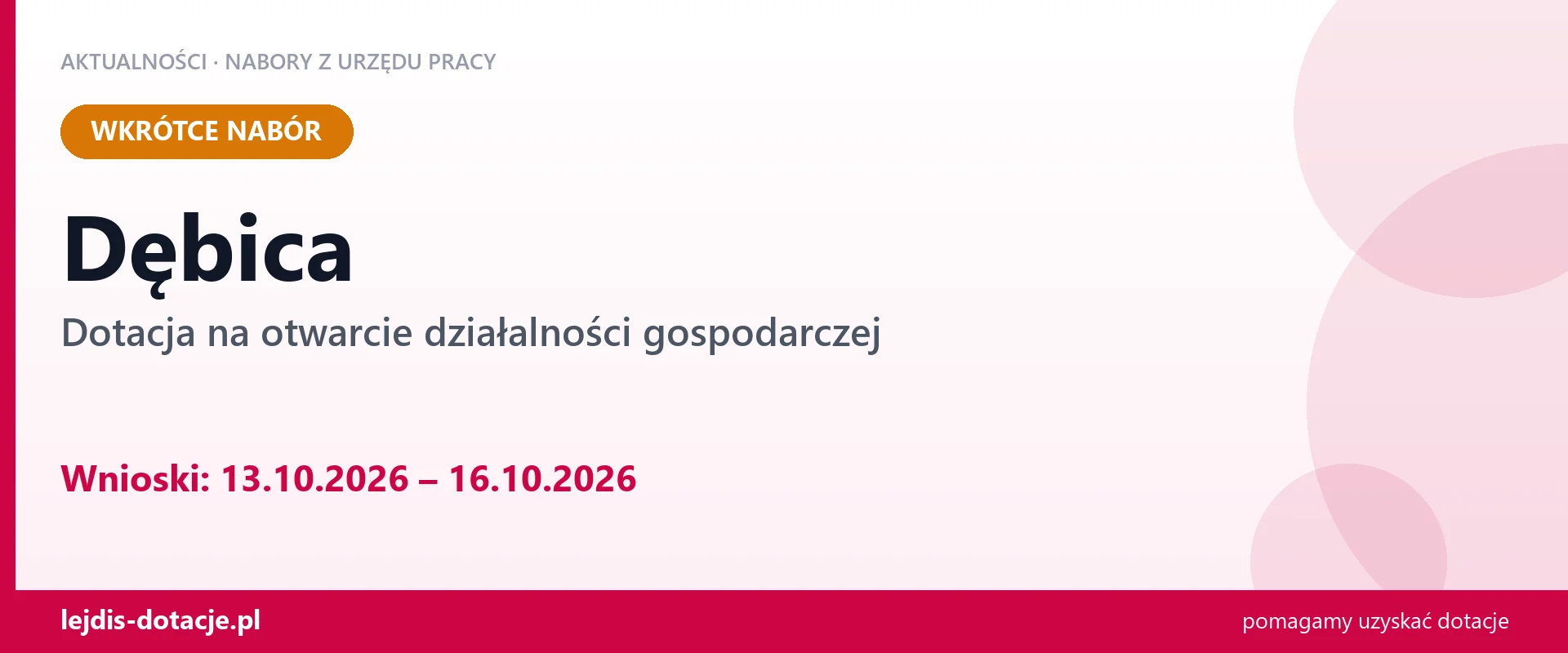 Dębica: od 13.10.2026 rusza nabór na dotację na otwarcie działalności gospodarczej (13 października 2026)