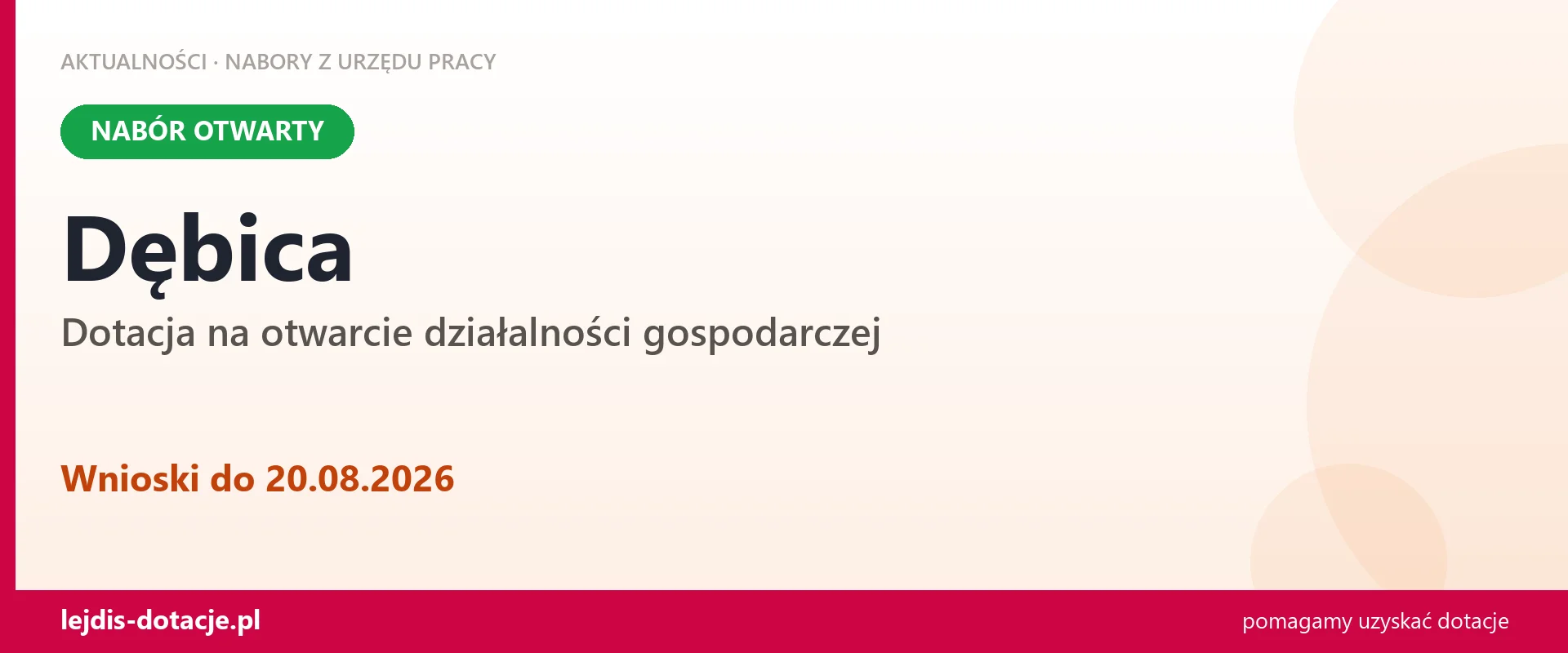 Dębica: trwa nabór na dotację na otwarcie działalności gospodarczej (20 sierpnia 2026)