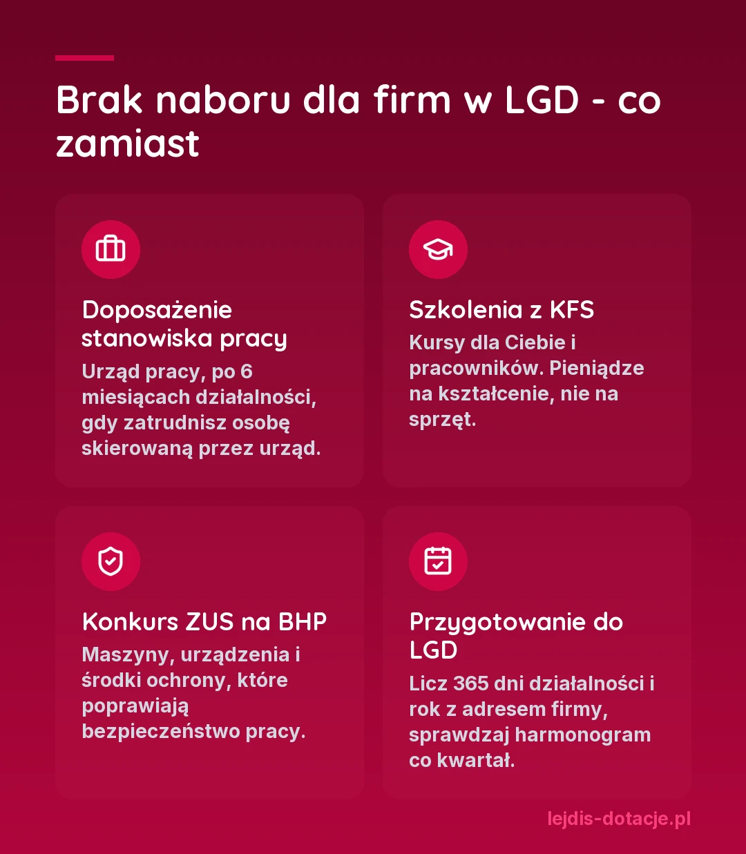 Co zamiast dotacji z LGD, gdy nie ma naboru dla firm: doposażenie stanowiska pracy w urzędzie pracy, szkolenia z Krajowego Funduszu Szkoleniowego, konkurs ZUS na poprawę BHP i przygotowanie do przyszłego naboru w LGD