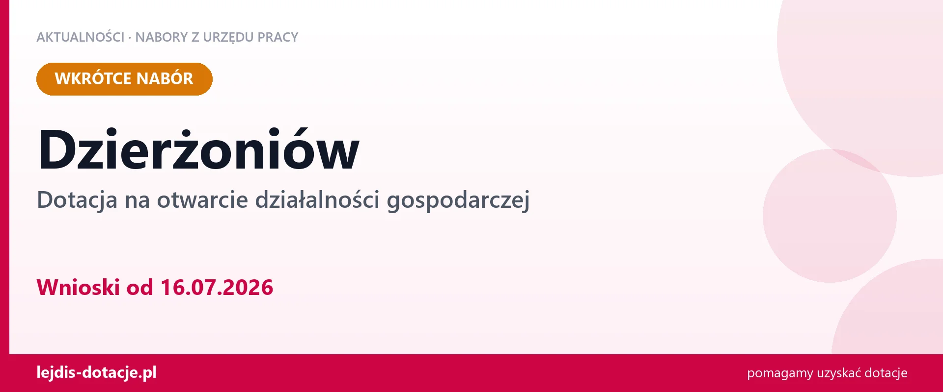Dzierżoniów: od 16.07.2026 rusza nabór na dotację na otwarcie działalności gospodarczej (16 lipca 2026)