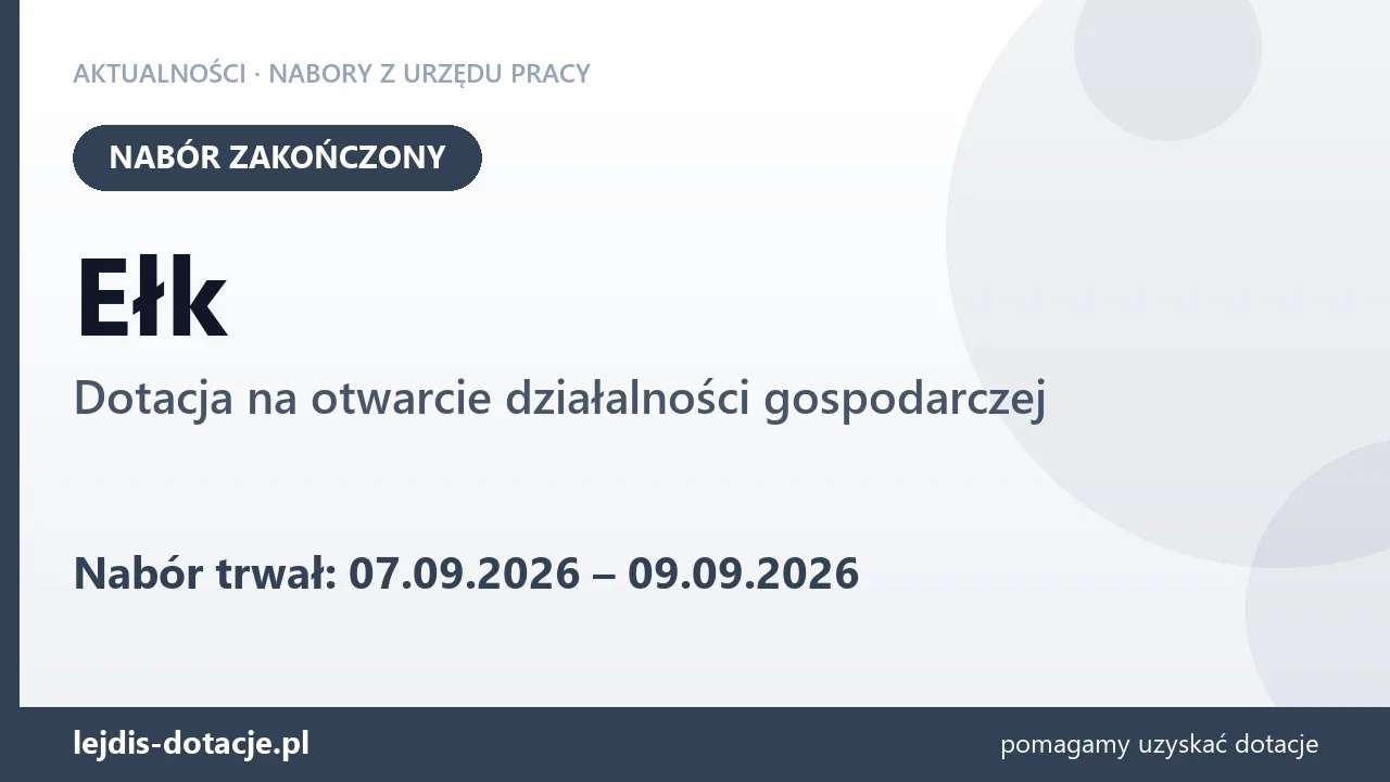 Ełk: nabór na dotację na otwarcie działalności gospodarczej zakończony (9 września 2026)