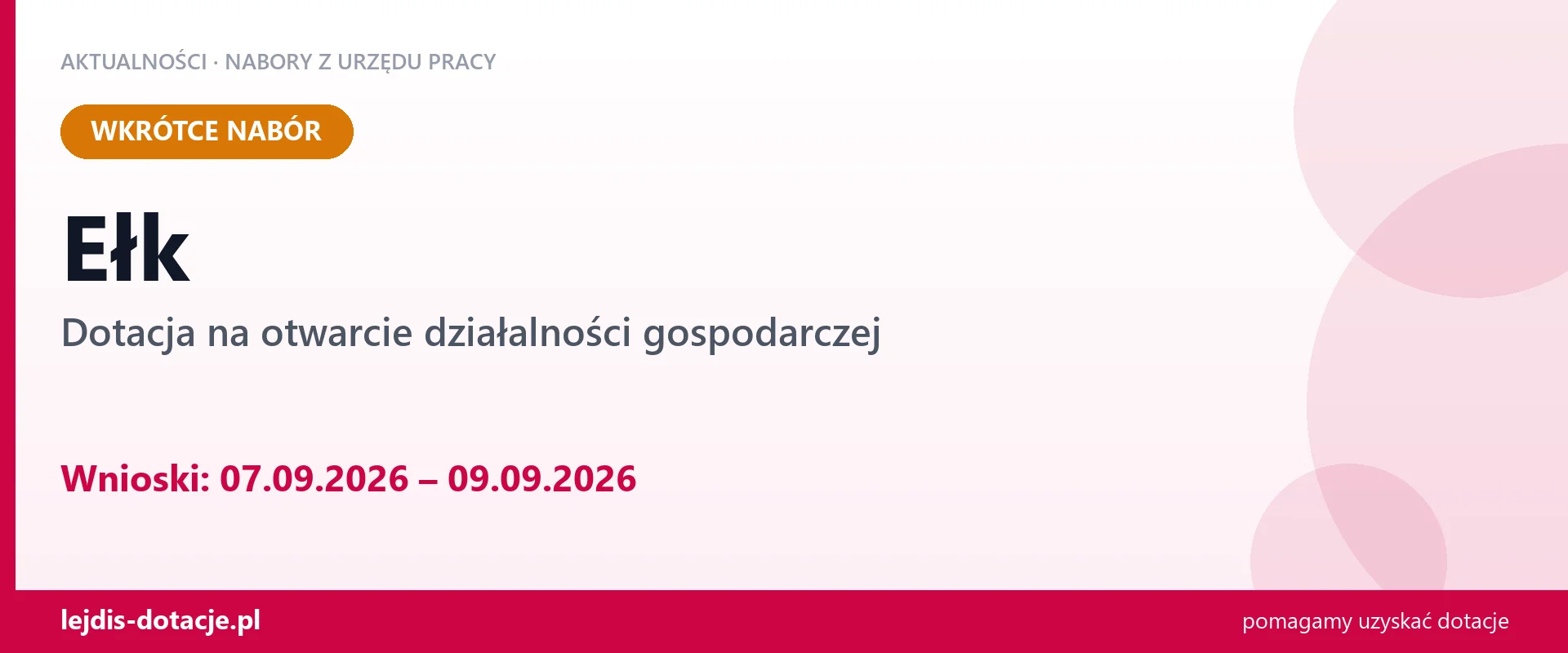 Ełk: od 07.09.2026 rusza nabór na dotację na otwarcie działalności gospodarczej (7 września 2026)