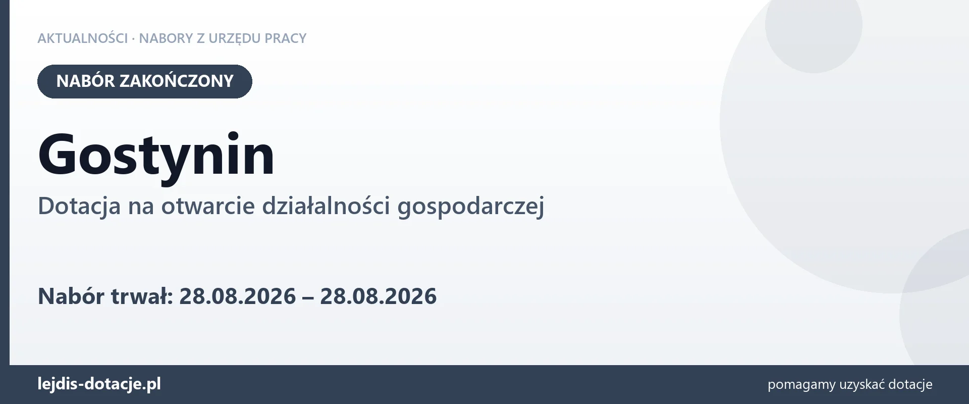 Gostynin: nabór na dotację na otwarcie działalności gospodarczej zakończony (28 sierpnia 2026)