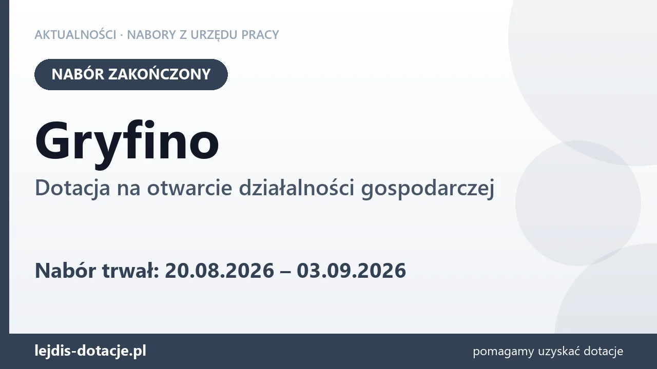 Gryfino: nabór na dotację na otwarcie działalności gospodarczej zakończony (3 września 2026)