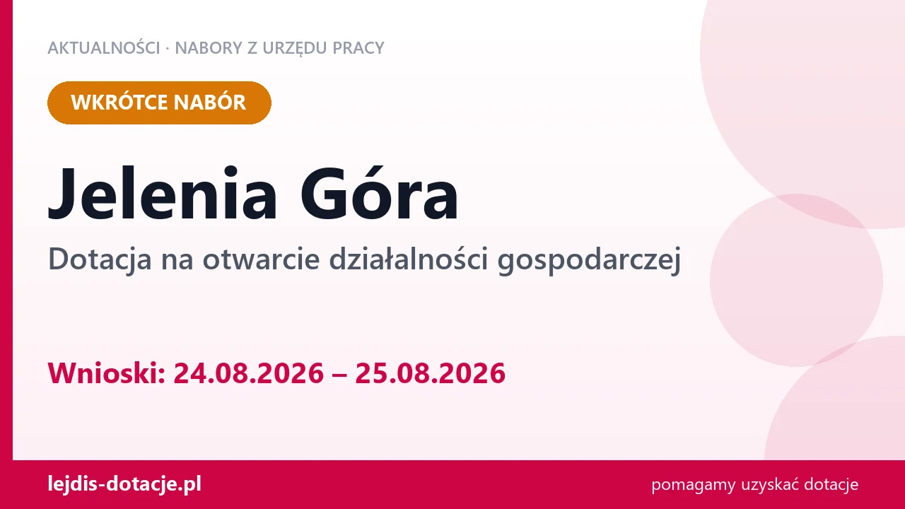 Jelenia Góra: od 24.08.2026 rusza nabór na dotację na otwarcie działalności gospodarczej (24 sierpnia 2026)