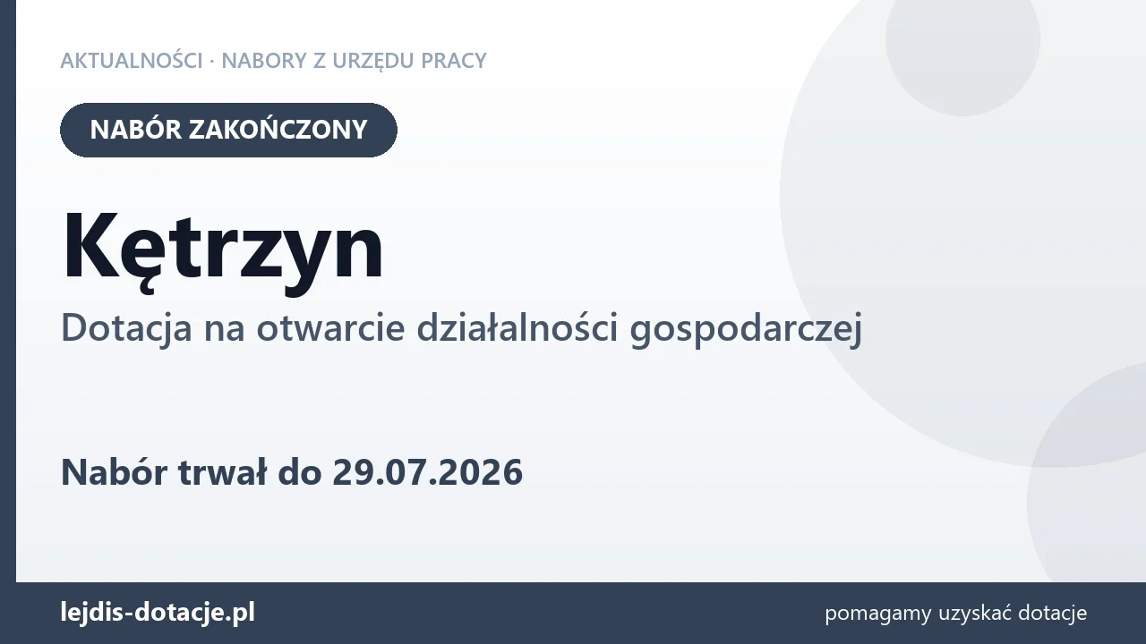 Kętrzyn: nabór na dotację na otwarcie działalności gospodarczej zakończony (29 lipca 2026)