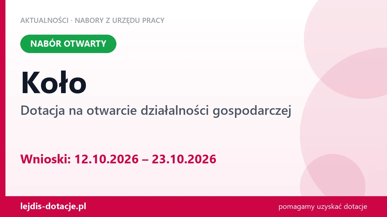 Koło: trwa nabór na dotację na otwarcie działalności gospodarczej (12 października 2026)