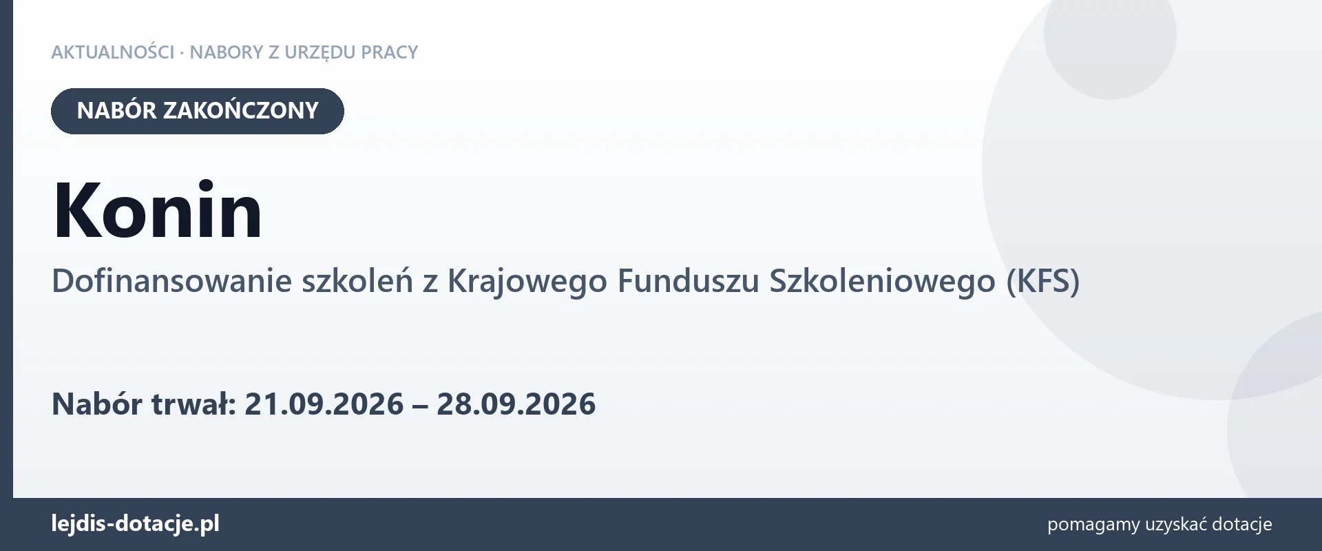 Konin: nabór na dofinansowanie szkoleń z KFS zakończony (28 września 2026)