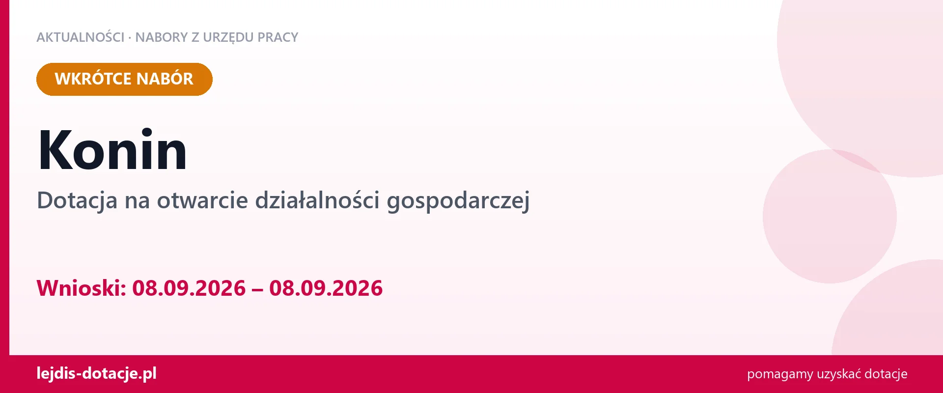 Konin: od 08.09.2026 rusza nabór na dotację na otwarcie działalności gospodarczej (8 września 2026)
