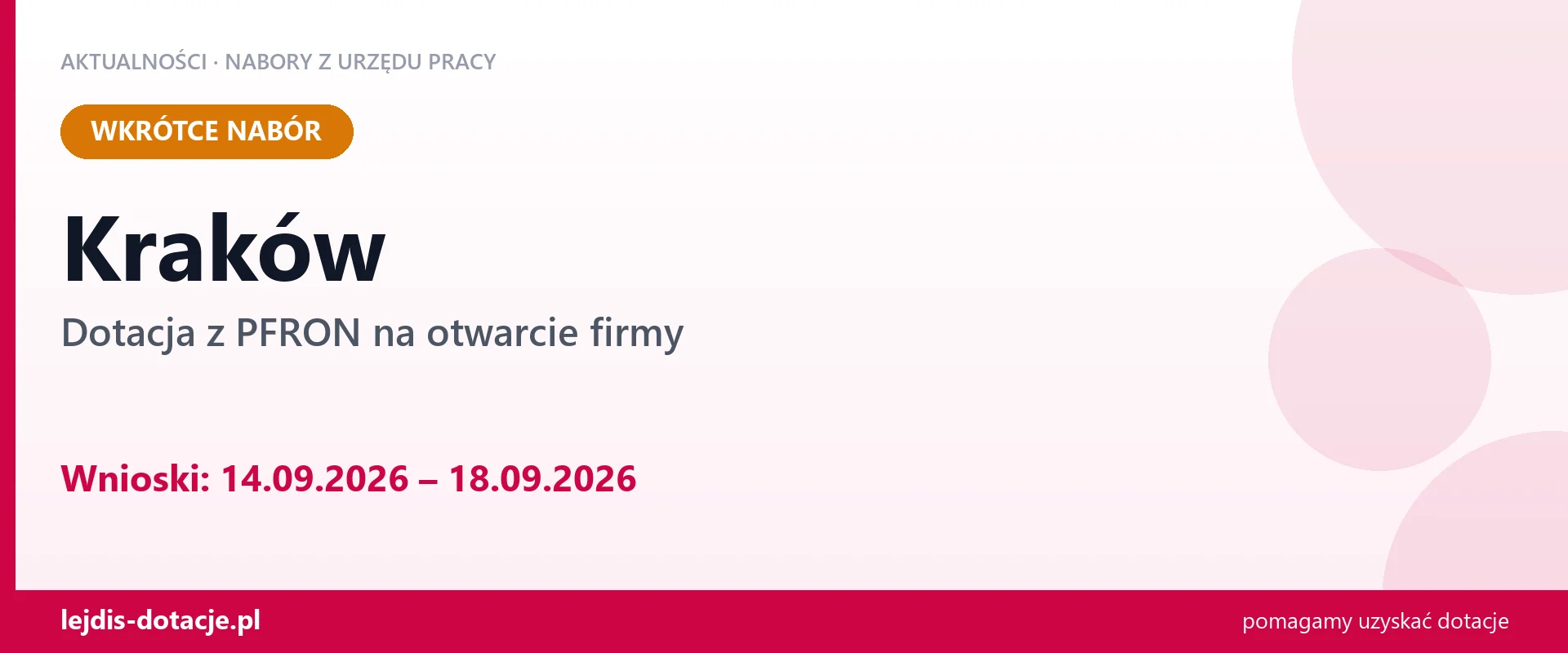 Kraków: od 14.09.2026 rusza nabór na dotację z PFRON na otwarcie firmy (14 września 2026)