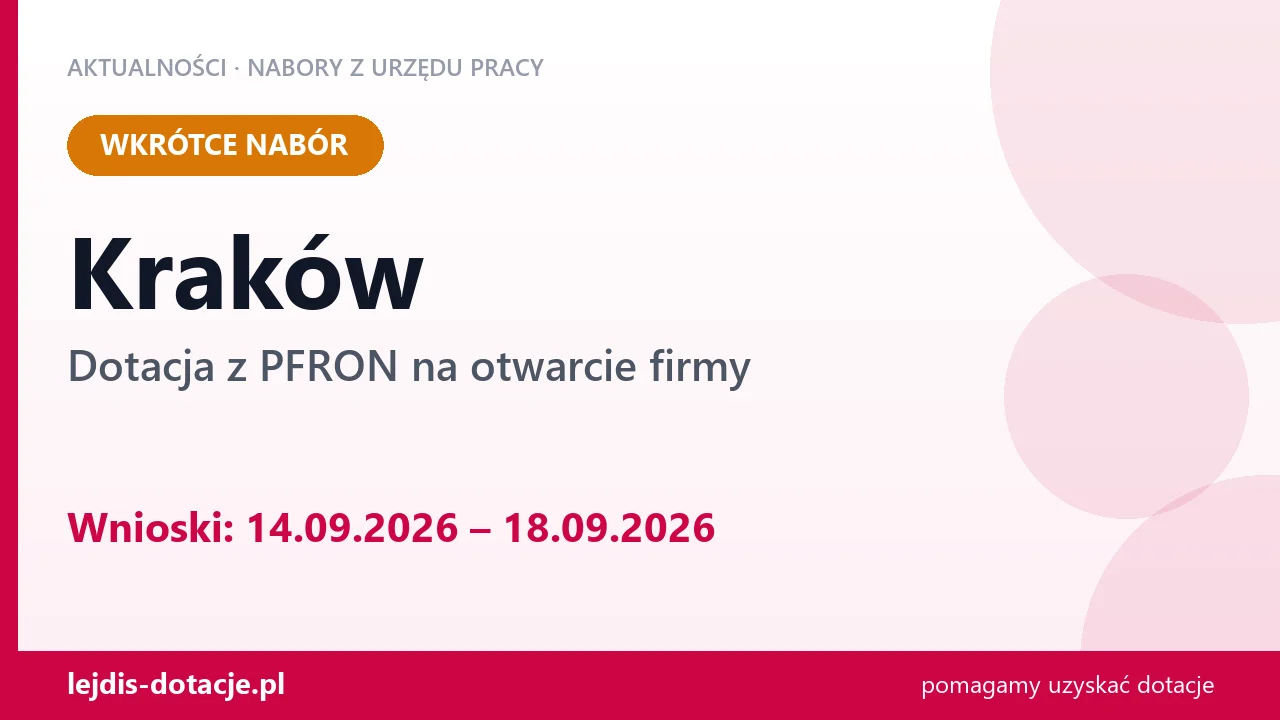 Kraków: od 14.09.2026 rusza nabór na dotację z PFRON na otwarcie firmy (14 września 2026)