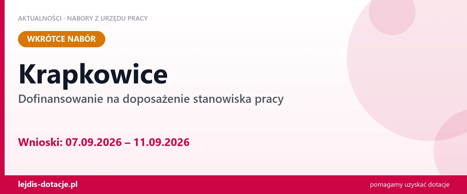 Krapkowice: od 07.09.2026 rusza nabór na dofinansowanie na doposażenie stanowiska pracy (7 września 2026)