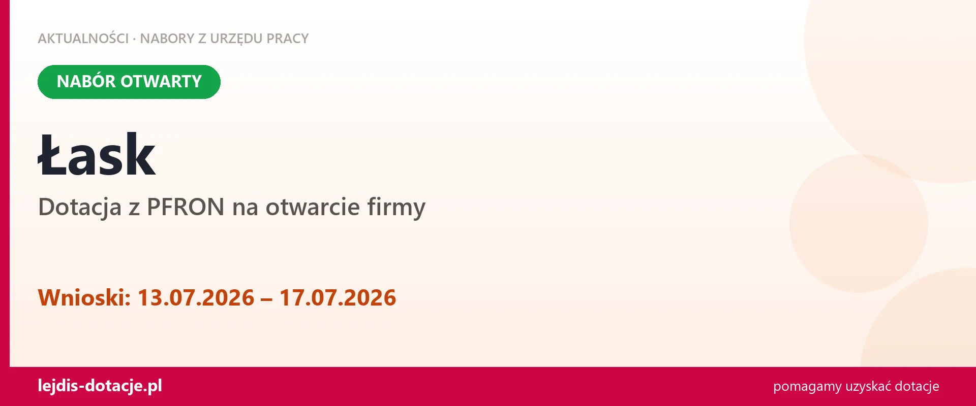 Łask: trwa nabór na dotację z PFRON na otwarcie firmy (13 lipca 2026)