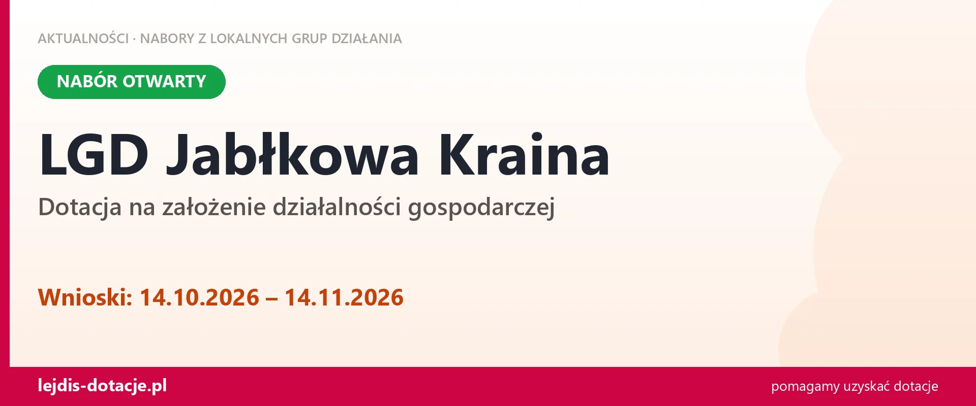 LGD Jabłkowa Kraina: nabór na podjęcie działalności gospodarczej (14 października 2026)