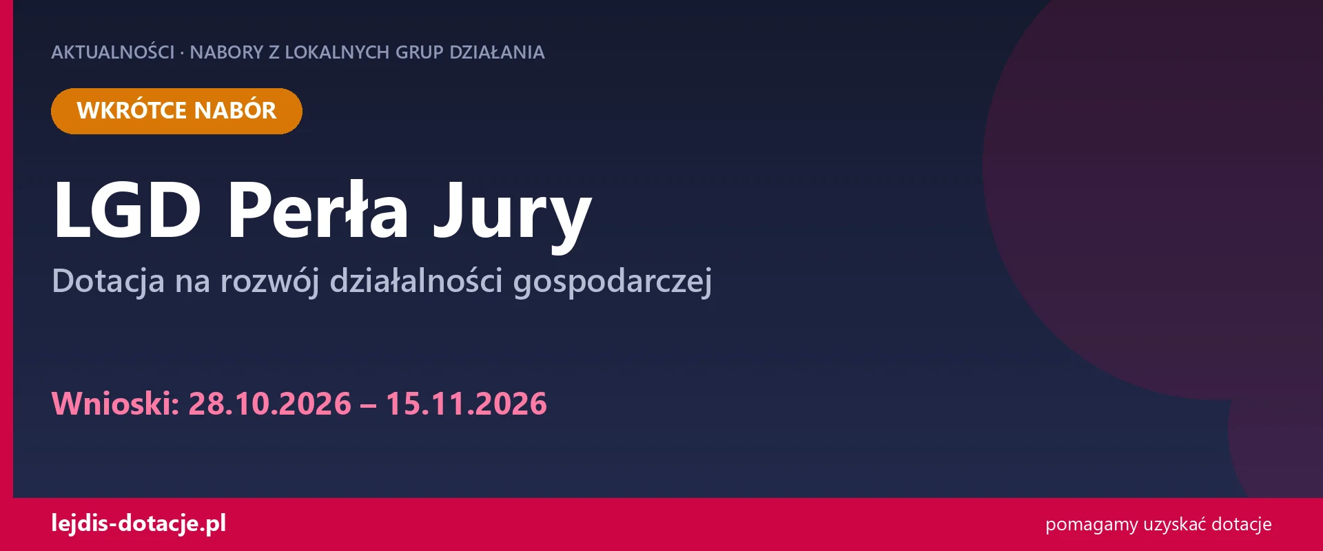 LGD Perła Jury: dotacje na rozwój firmy, profilaktyka wad postawy (28 października 2026)