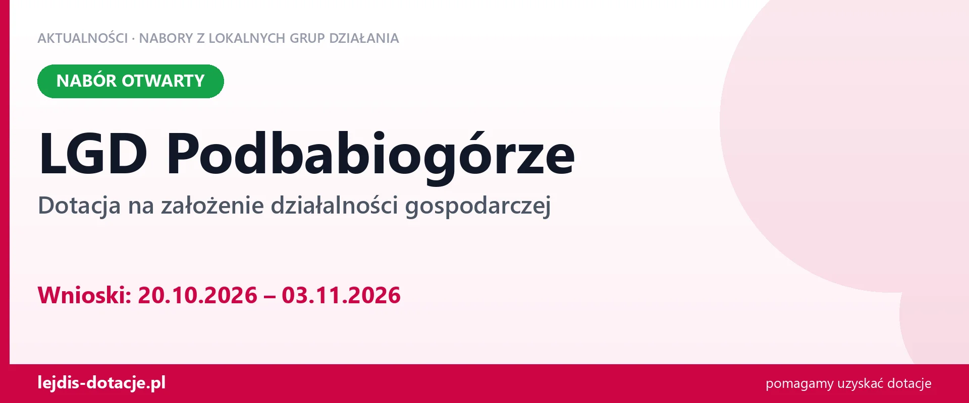 LGD Podbabiogórze: dotacja 50-150 tys. zł na start firmy (20 października 2026)