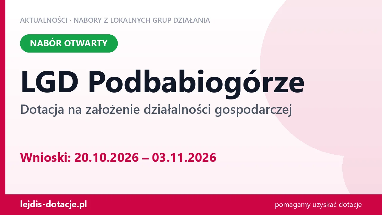 LGD Podbabiogórze: dotacja 50-150 tys. zł na start firmy (20 października 2026)