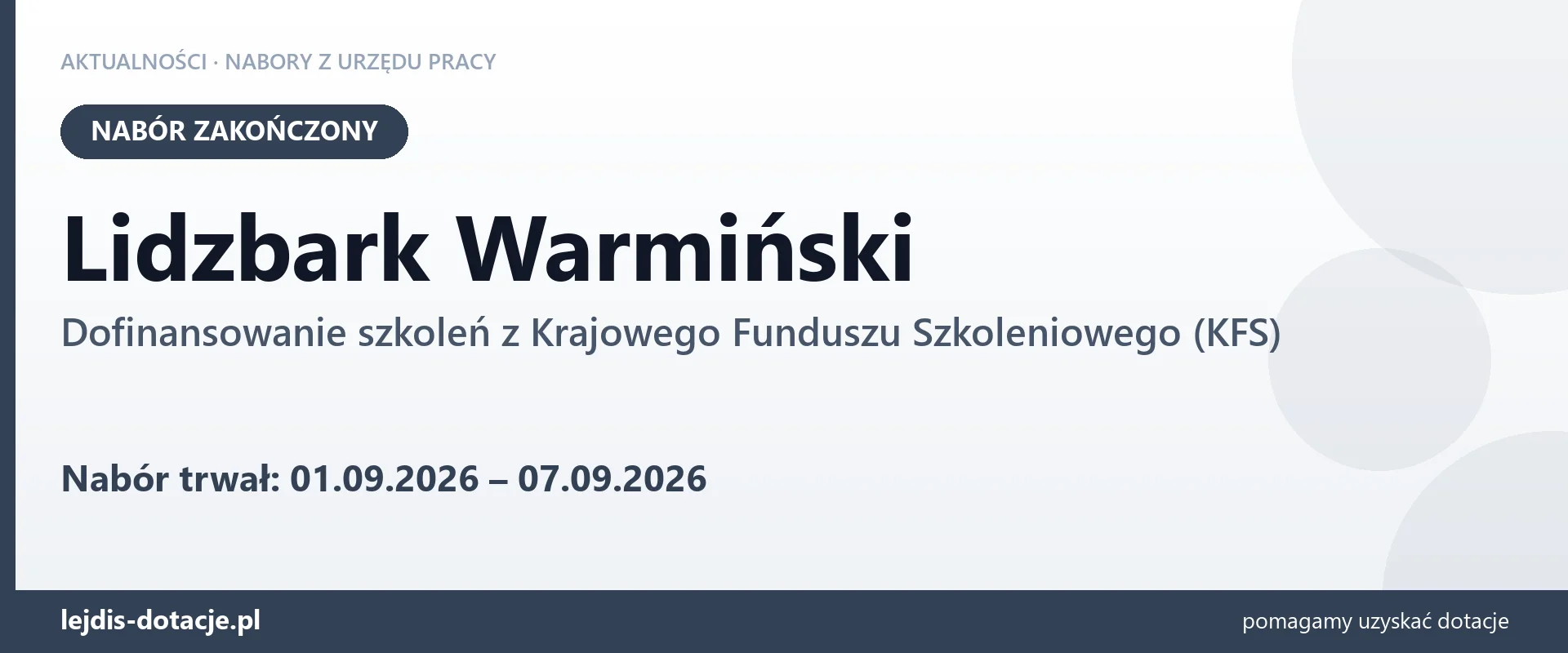 Lidzbark Warmiński: nabór na dofinansowanie szkoleń z KFS zakończony (7 września 2026)