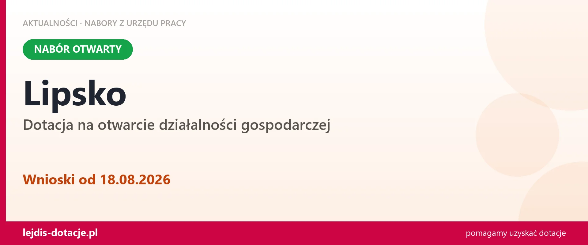 Lipsko: trwa nabór na dotację na otwarcie działalności gospodarczej (18 sierpnia 2026)