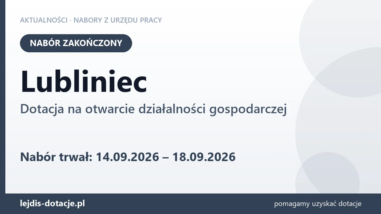 Lubliniec: nabór na dotację na otwarcie działalności gospodarczej zakończony (18 września 2026)
