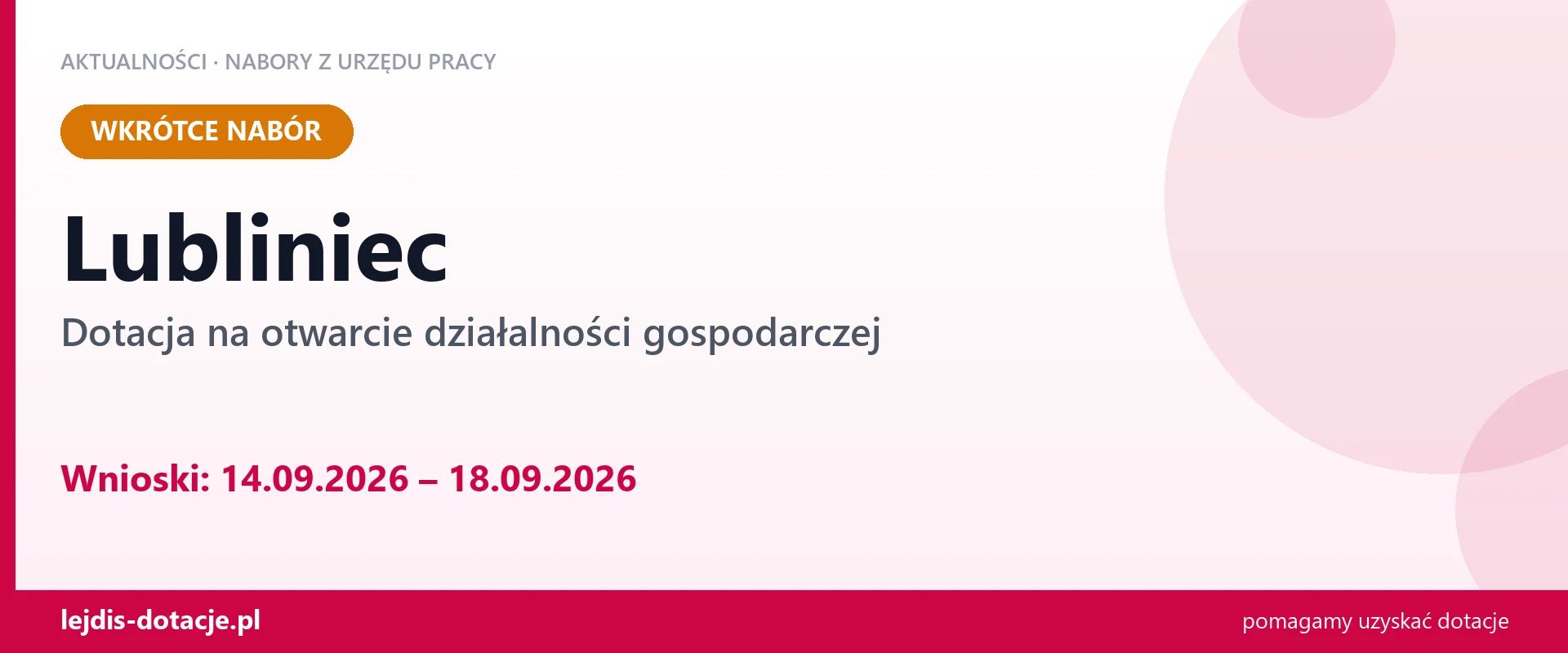 Lubliniec: od 14.09.2026 rusza nabór na dotację na otwarcie działalności gospodarczej (14 września 2026)