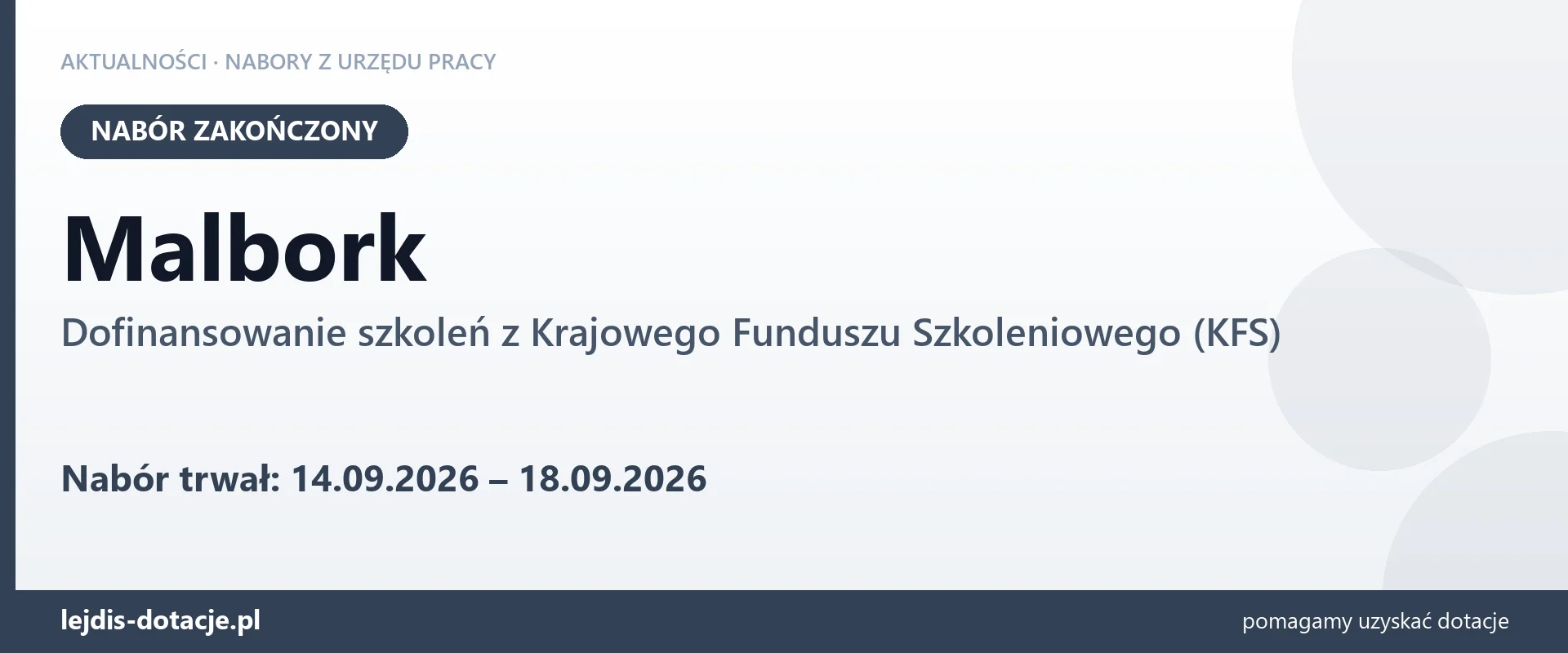 Malbork: nabór na dofinansowanie szkoleń z KFS zakończony (18 września 2026)