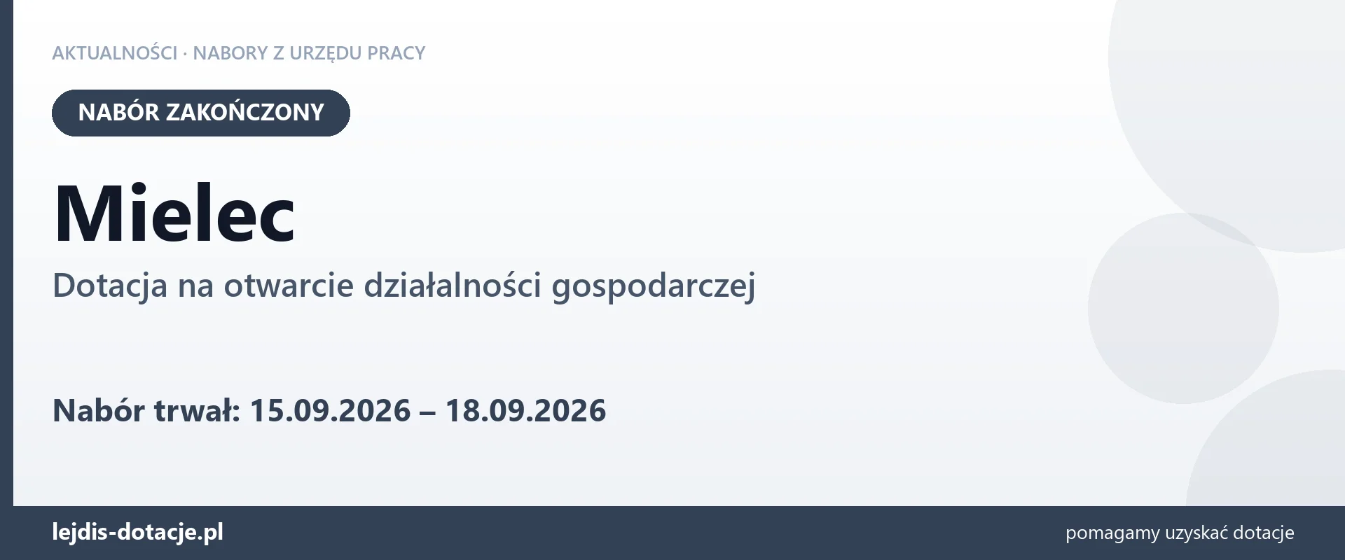 Mielec: nabór na dotację na otwarcie działalności gospodarczej zakończony (18 września 2026)