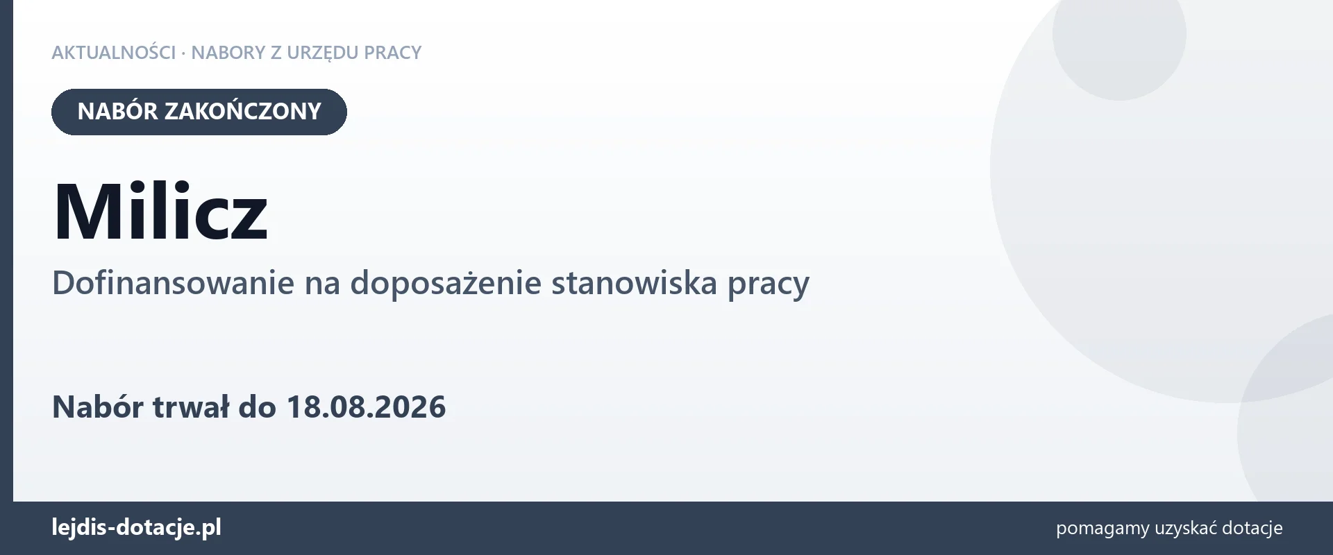 Milicz: nabór na dofinansowanie na doposażenie stanowiska pracy zakończony (18 sierpnia 2026)