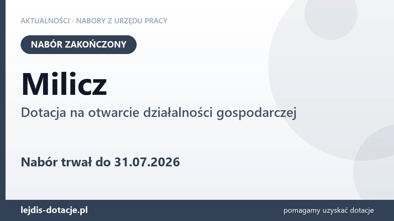 Milicz: nabór na dotację na otwarcie działalności gospodarczej zakończony (31 lipca 2026)