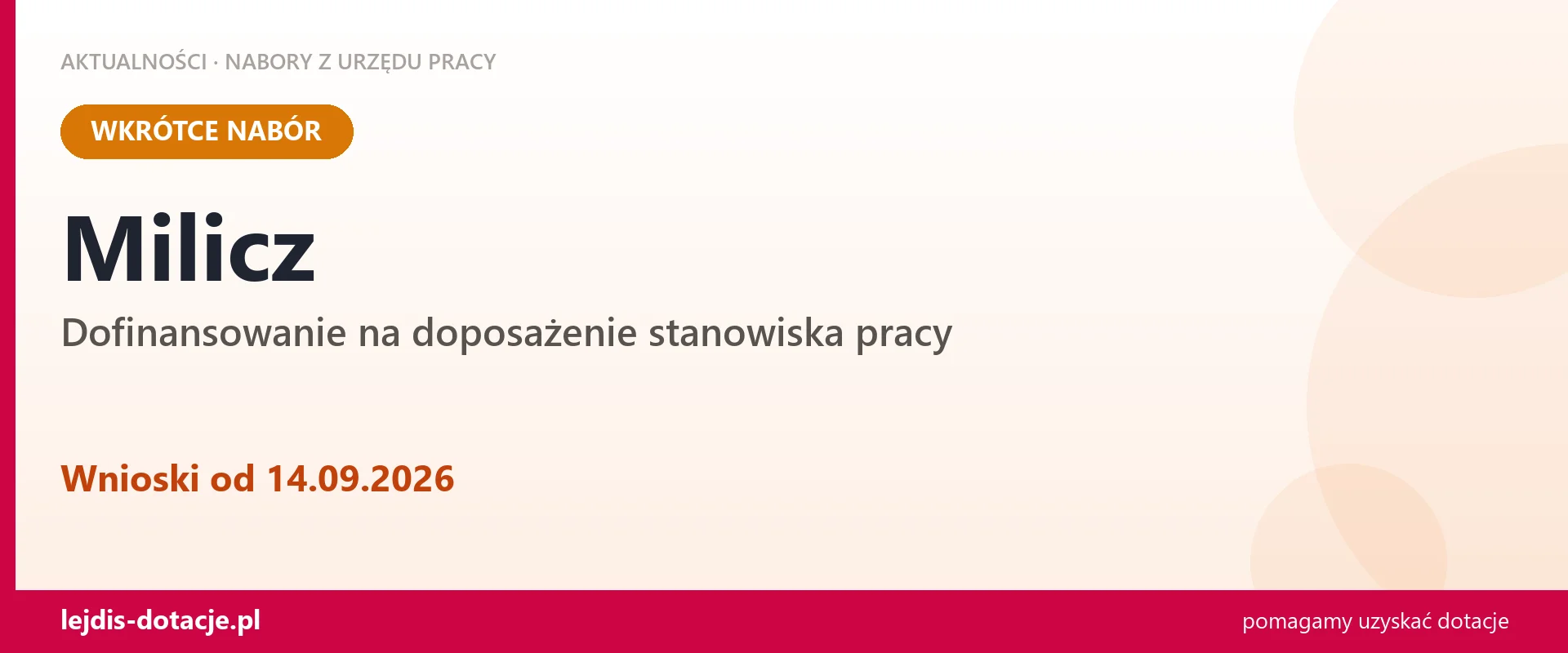 Milicz: od 14.09.2026 rusza nabór na dofinansowanie na doposażenie stanowiska pracy (14 września 2026)