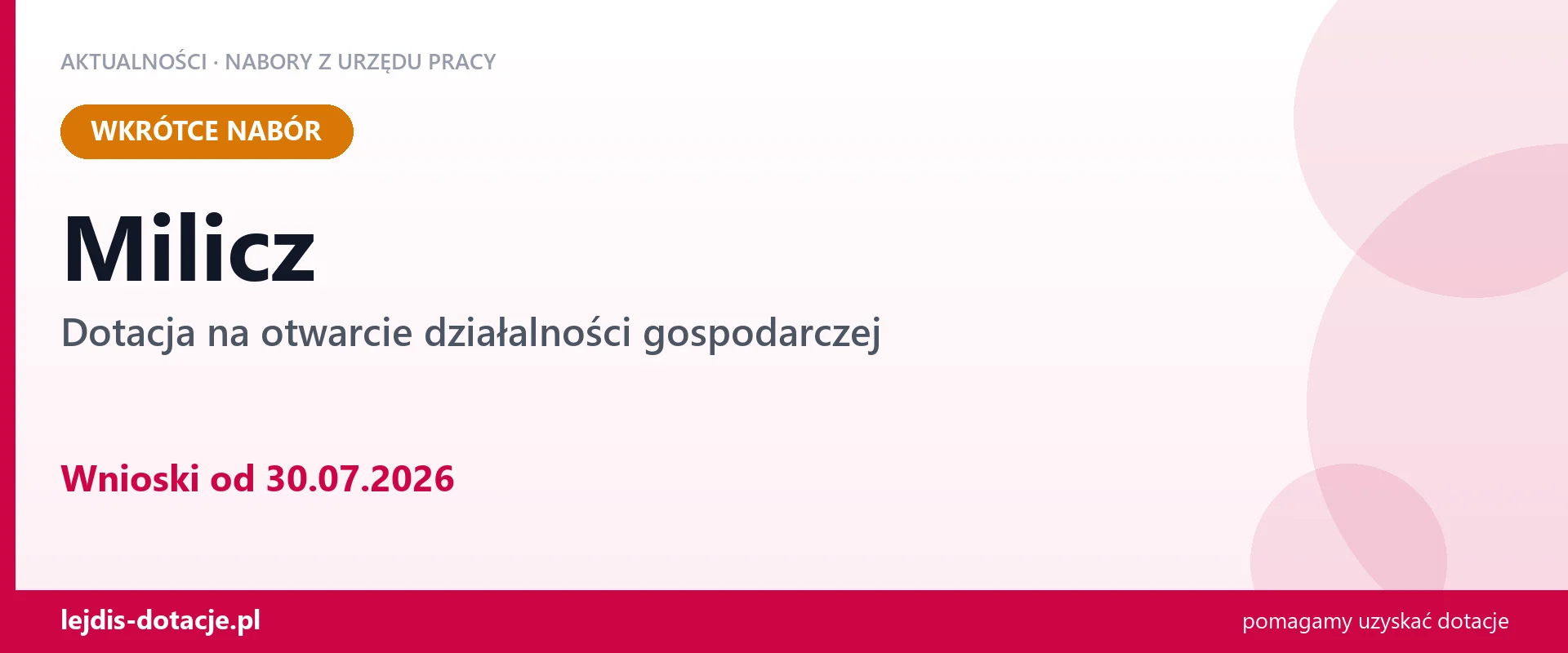 Milicz: od 30.07.2026 rusza nabór na dotację na otwarcie działalności gospodarczej (30 lipca 2026)