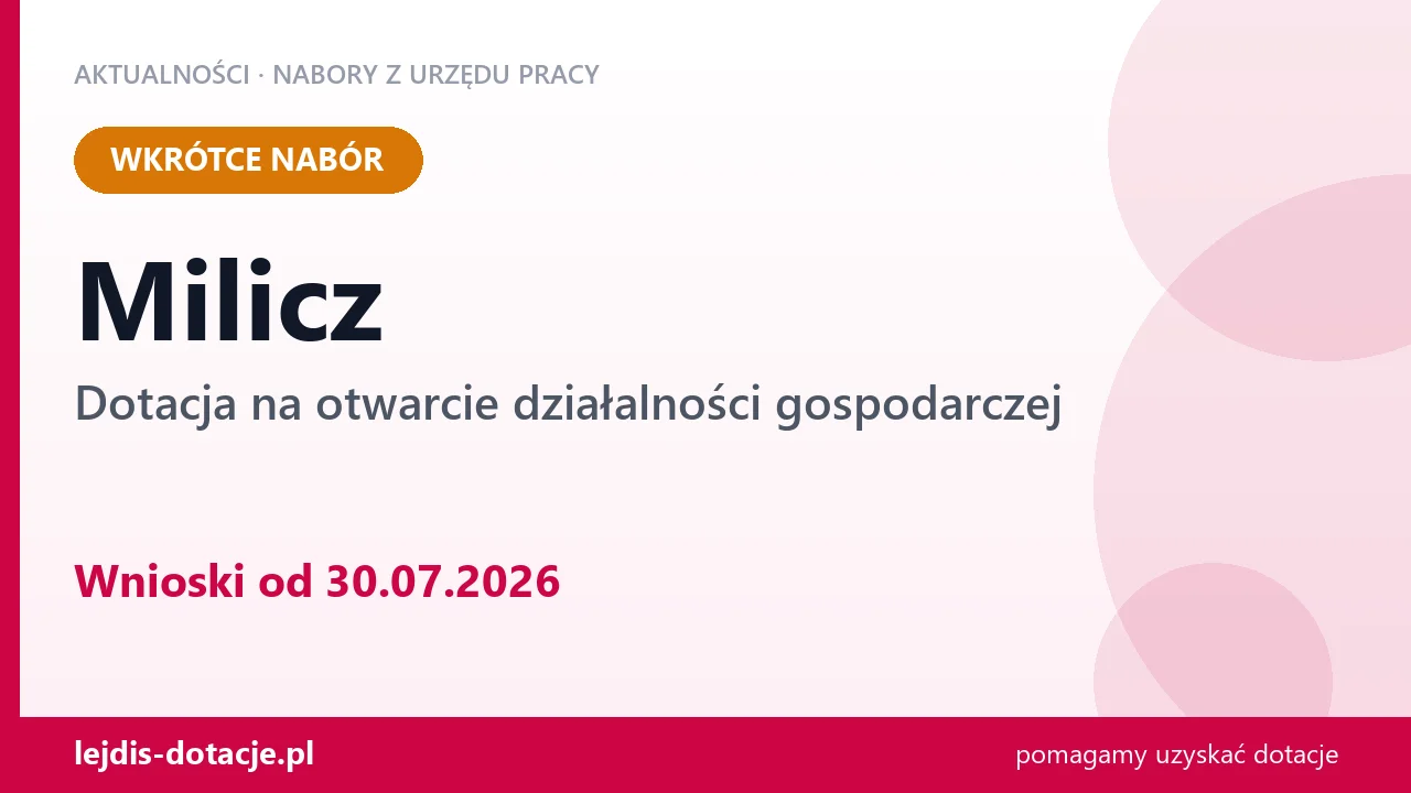 Milicz: od 30.07.2026 rusza nabór na dotację na otwarcie działalności gospodarczej (30 lipca 2026)