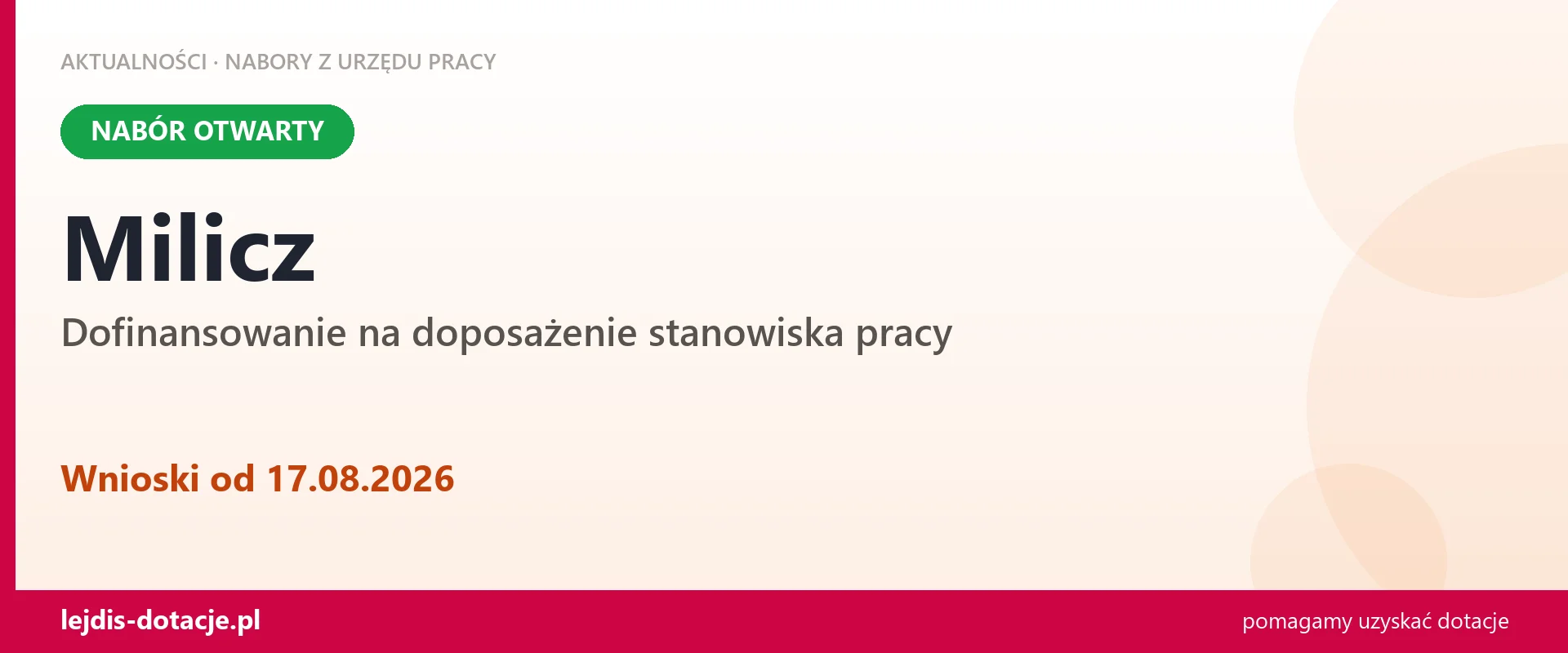Milicz: trwa nabór na dofinansowanie na doposażenie stanowiska pracy (17 sierpnia 2026)